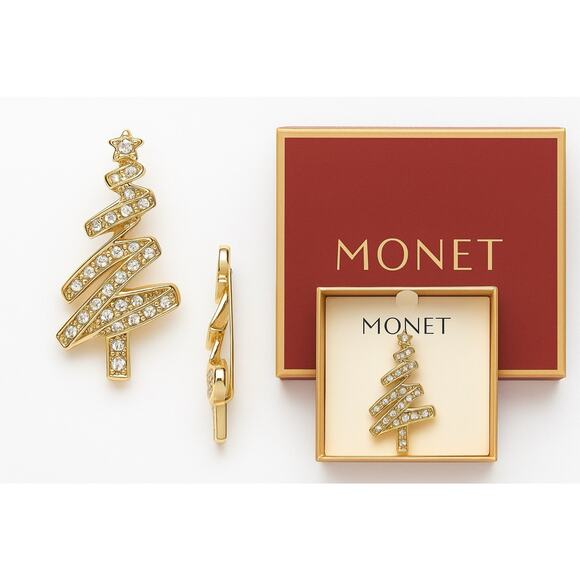 Monet Christmas Tree Brooch Gold Tone Rhinestones w/ Box Holiday Signed 2.25” - Picture 1 of 4